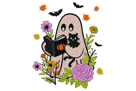 Cute Ghost with Cat and Book Embroidery