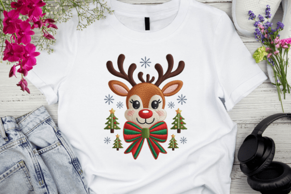 Cute Reindeer Face with Bow Embroidery