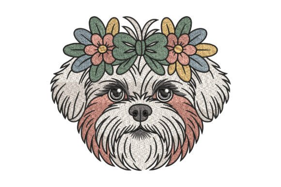 Floral Shih Tzu Head Dog Embroidery