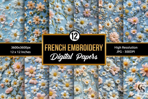 French Daisy Embroidery Seamless Pattern