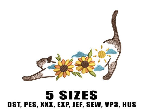 Stretch Cat Sunflowers Embroidery Design