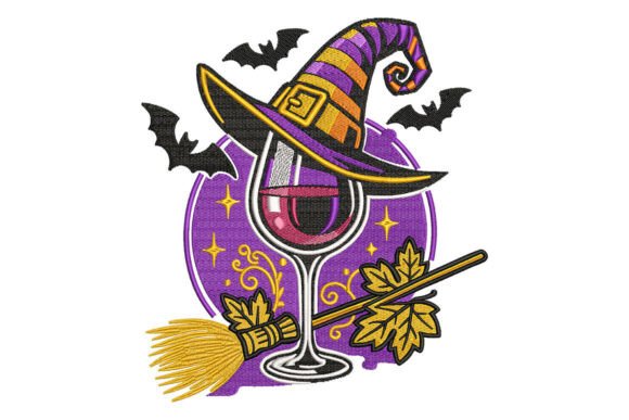 Witch Wine Glass Halloween Embroidery
